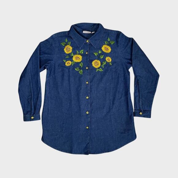 Quacker Factory Women M Denim Tunic Button Up Shirt Sunflower Rhinestone Cottage - Picture 1 of 14